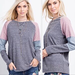 Colorblock Knit Long Sleeve Top - Gray with Pink & Blue Sleeves